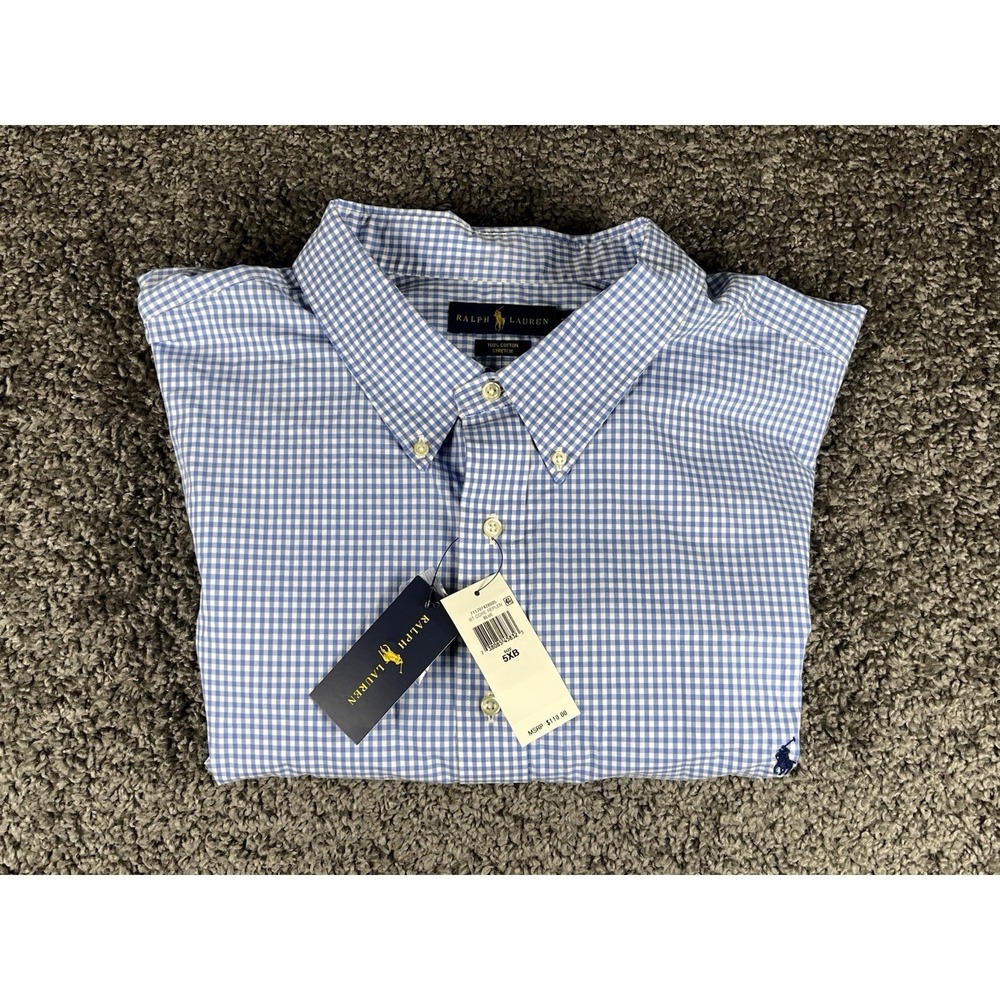 NEW Polo Ralph Lauren 5XB Classic Fit Gingham Check Stretch Shirt Blue White